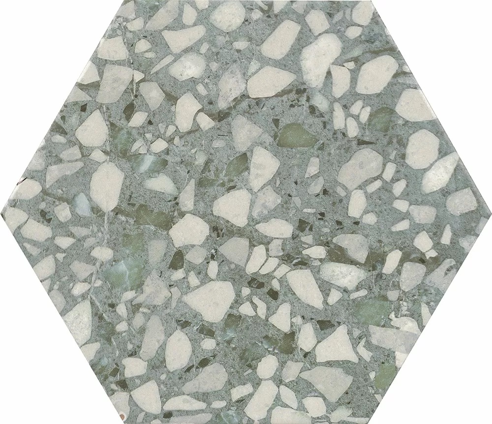Керамогранит Durstone Six Terazzo Sage, цвет серый, поверхность матовая, шестиугольник, 230x270