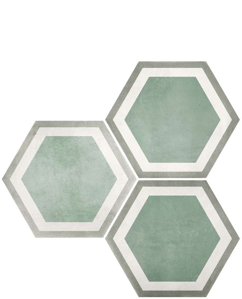 Керамогранит Durstone Six Cementine Pisa Aqua, цвет белый зелёный, поверхность матовая, шестиугольник, 230x270