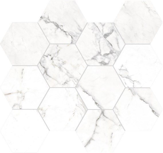 Мозаика RHS Rondine Canova Esa Statuario Lapp J88574, цвет белый, поверхность лаппатированная, шестиугольник, 350x303