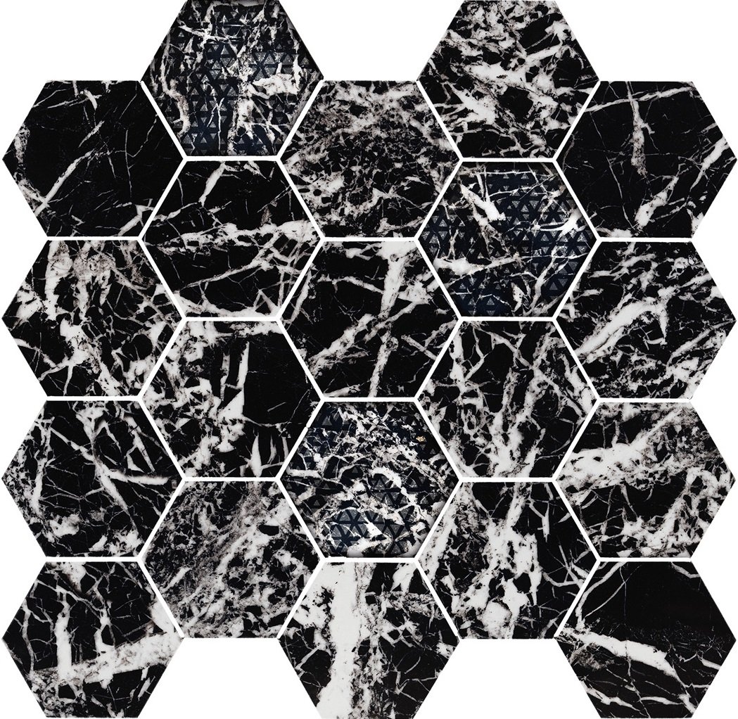 Мозаика Piemme Majestic Mos. Hexagon Glam Black Lev 02614, цвет чёрно-белый, поверхность полированная, шестиугольник, 340x360
