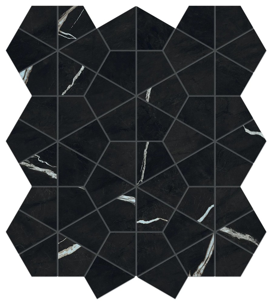 Мозаика Atlas Concorde Italy Marvel Meraviglia Black Origin Hexagon Lapp AJQ2, цвет чёрный, поверхность лаппатированная, шестиугольник, 403x466