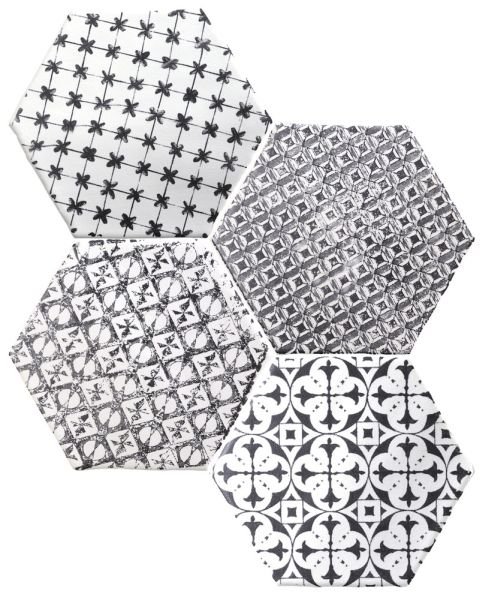 Декоративные элементы Cevica Marrakech Mosaic Negro Hexagon, цвет чёрно-белый, поверхность матовая, шестиугольник, 150x150