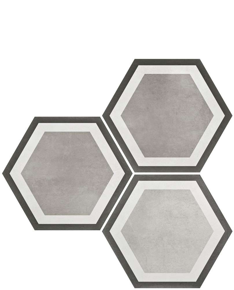 Керамогранит Durstone Six Cementine Pisa Grey, цвет белый серый чёрный, поверхность матовая, шестиугольник, 230x270