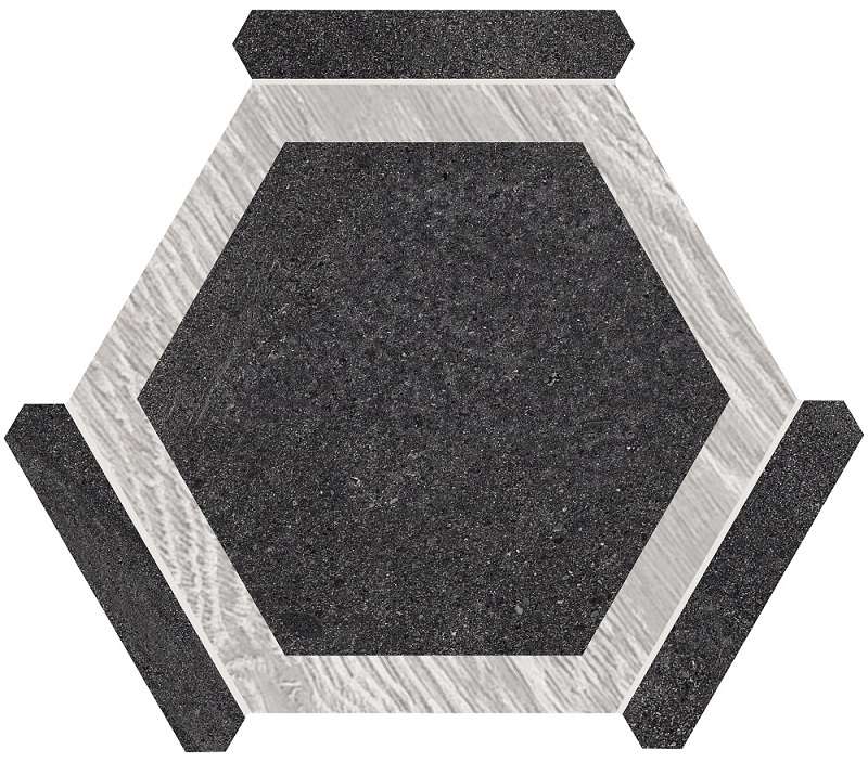 Керамогранит Monopole Avant Oregon Grafito Gris 71247, цвет чёрно-белый, поверхность матовая, шестиугольник, 220x250
