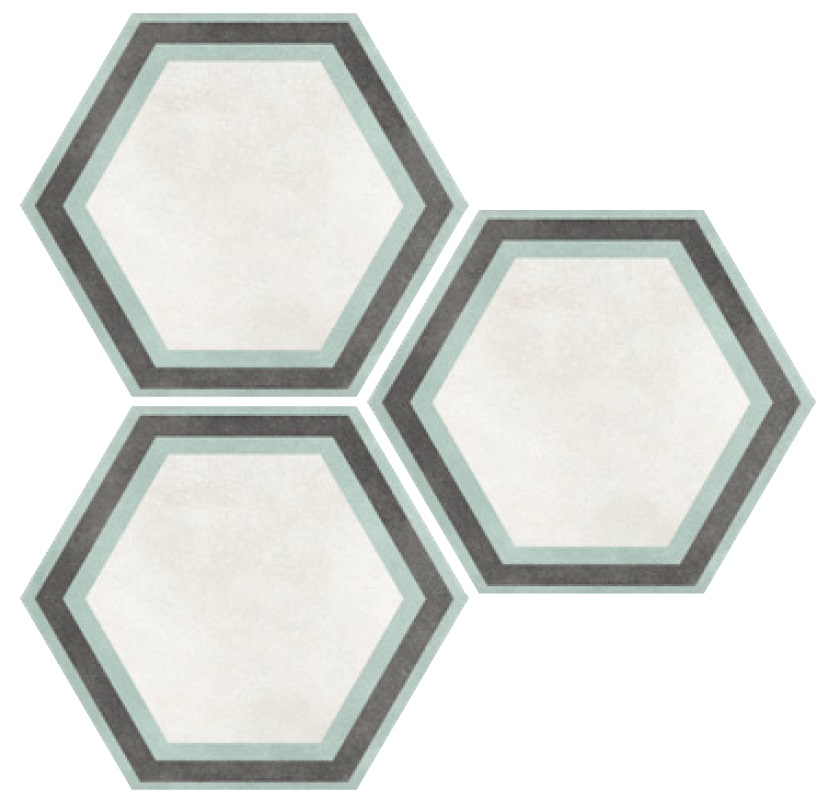 Керамогранит Elios Hexagon Frame White 00ZE0C0, цвет белый чёрный зелёный, поверхность матовая, шестиугольник, 254x292