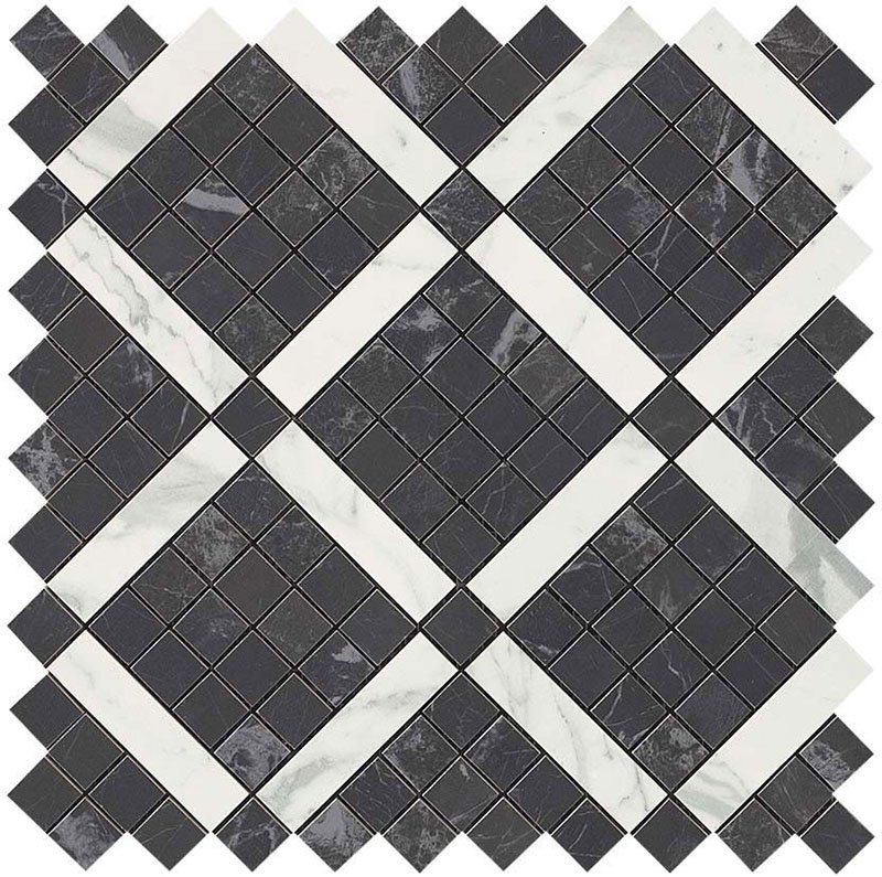 Мозаика Atlas Concorde Italy Marvel Noir Mix Diagonal Mosaic 9MVH, цвет чёрно-белый, поверхность глянцевая, квадрат, 305x305