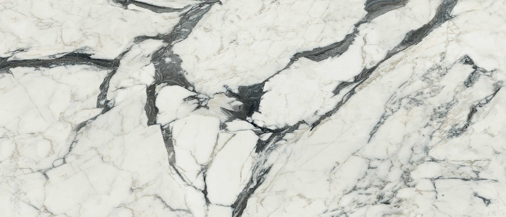 Широкоформатный керамогранит Rex Les Bijoux Calacatta Altissimo Gloss 765697, цвет чёрно-белый, поверхность полированная, прямоугольник, 1200x2800