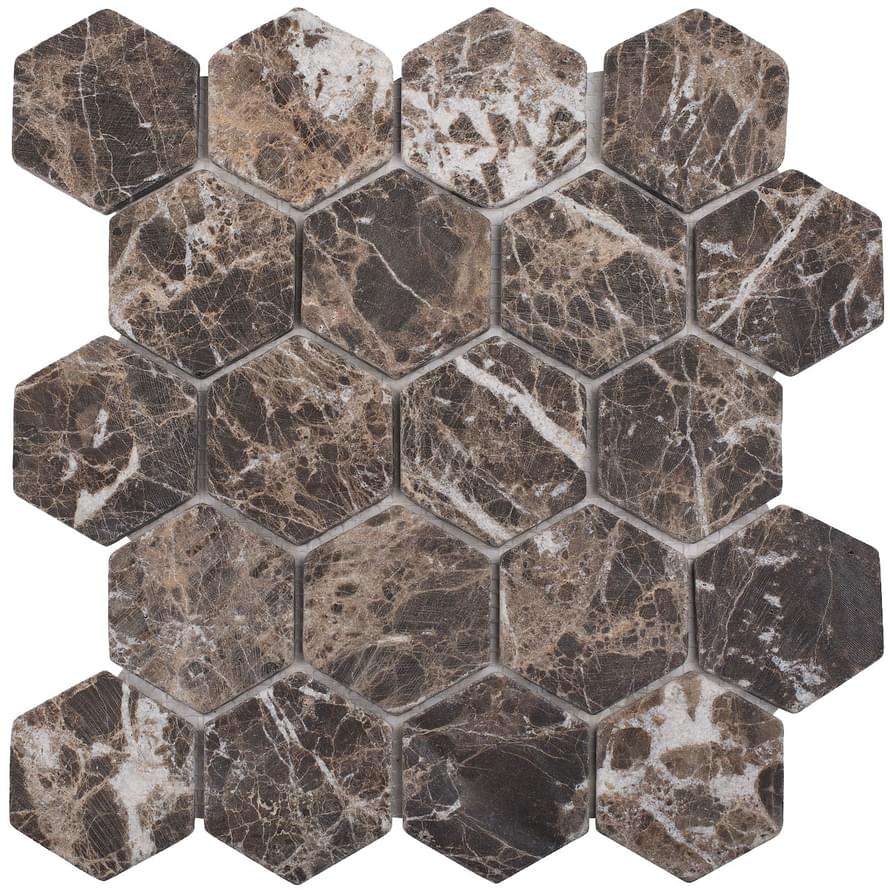 Мозаика Starmosaic Wild Stone Hexagon Dark Emperador Tumbled JMST6308TM, цвет коричневый тёмный, поверхность полированная, шестиугольник, 260x282