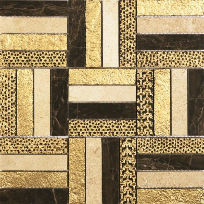 Мозаика Dune Stone Mosaics Soleil 186907, цвет чёрный золотой, поверхность матовая, квадрат, 300x300