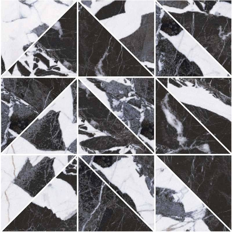 Мозаика Roberto Cavalli Lush Noir Antique Mosaico Triangoli 509161, цвет чёрно-белый, поверхность глянцевая, квадрат, 296x296