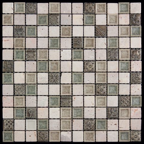 Мозаика Natural Mosaic Inka BDA-2304 (FBY-04) (Стекло Травертин Агломерат), цвет серый, поверхность глянцевая, квадрат, 298x298