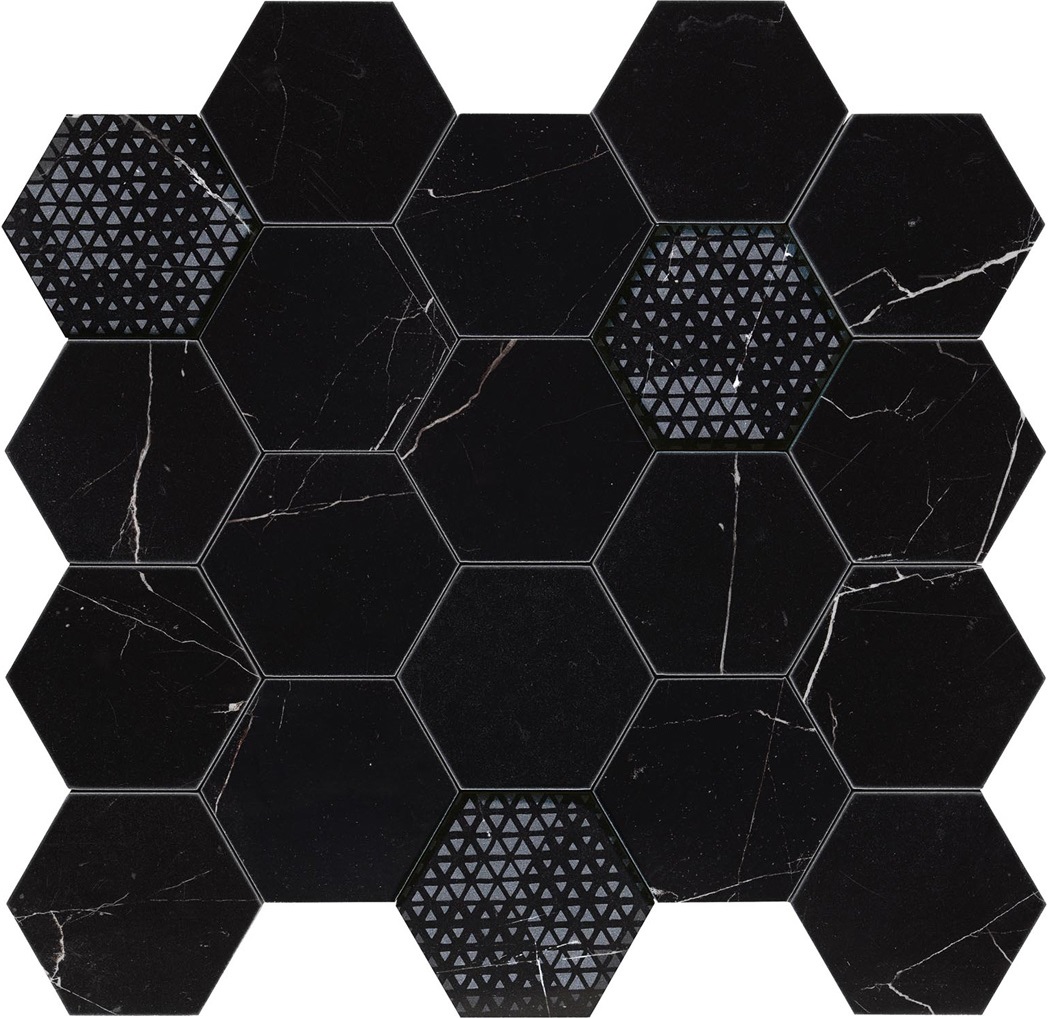 Мозаика Piemme Majestic Mos. Hexagon Royal Nero 02613, цвет чёрный, поверхность полированная, шестиугольник, 340x360