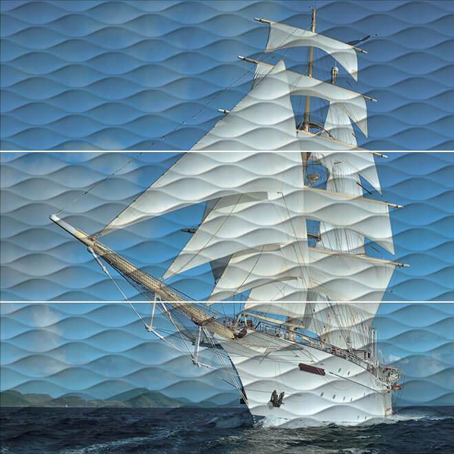 Панно Kerama Marazzi Панно Майори Корабль обрезной ALD\A01\3x\13025R, цвет синий, поверхность лаппатированная, квадрат, 900x900