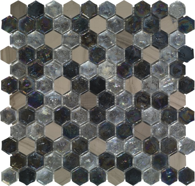 Мозаика Dune Materia Mosaics Kassiani 187117, цвет серый чёрный, поверхность глянцевая, шестиугольник, 298x300x8