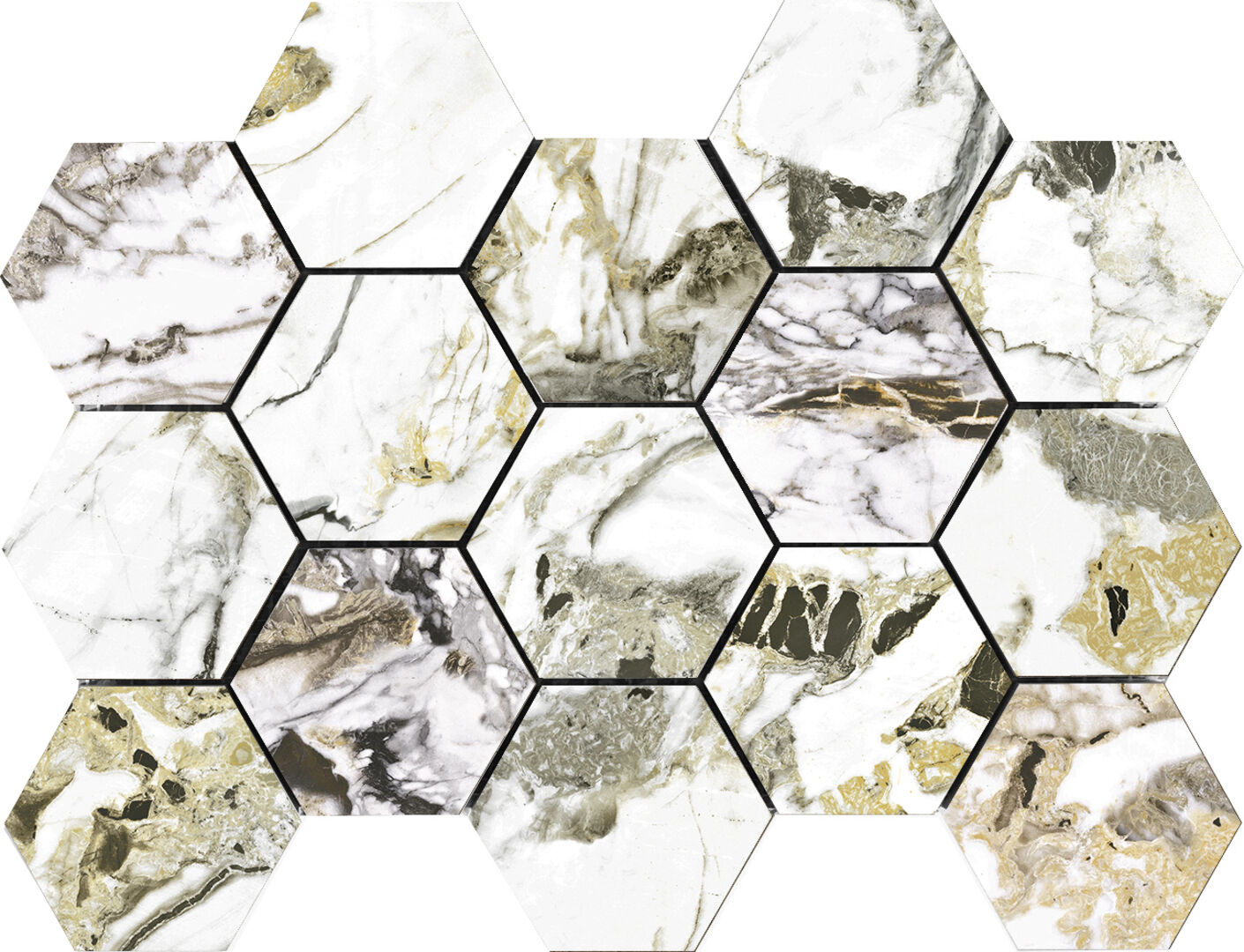 Мозаика Pamesa Cr Lux Grotta Oro Malla Hex, цвет коричневый, поверхность полированная, шестиугольник, 225x325