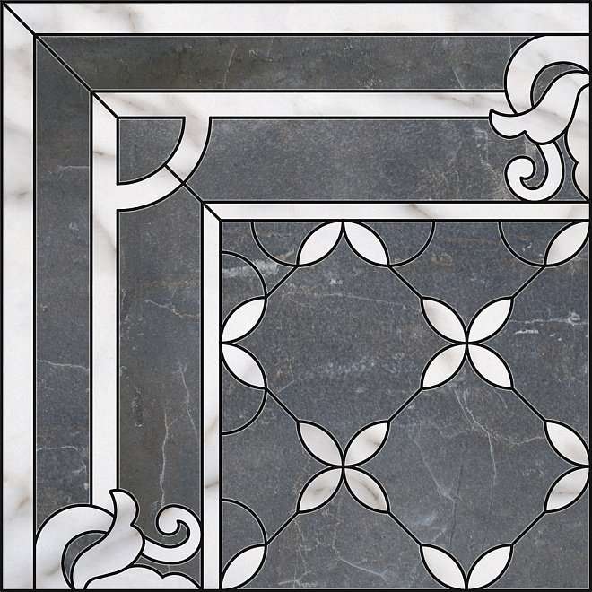 Декоративные элементы Kerama Marazzi Декор Виндзор 1\4 розона ID42, цвет чёрный, поверхность лаппатированная, квадрат, 600x600