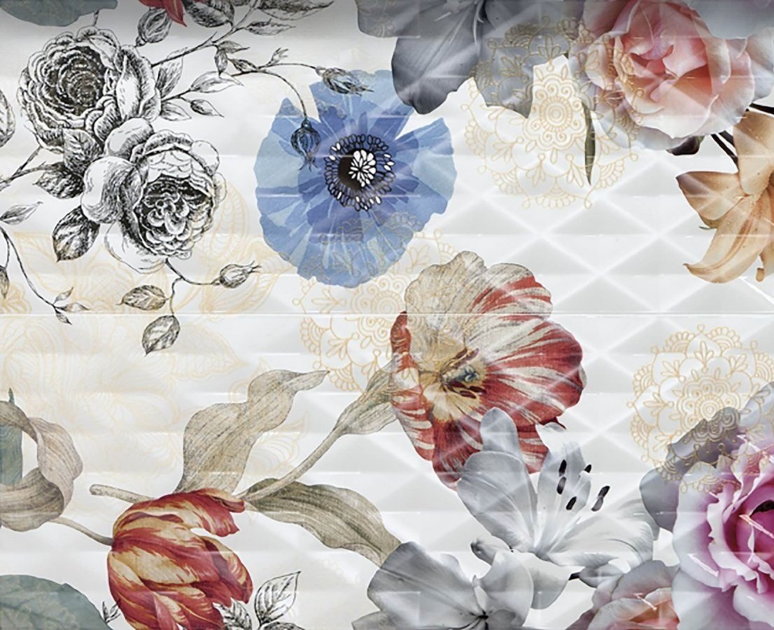 Панно Atlantic Tiles Nieve Brillo Decor Floral Blanco, цвет разноцветный, поверхность матовая, прямоугольник, 600x900