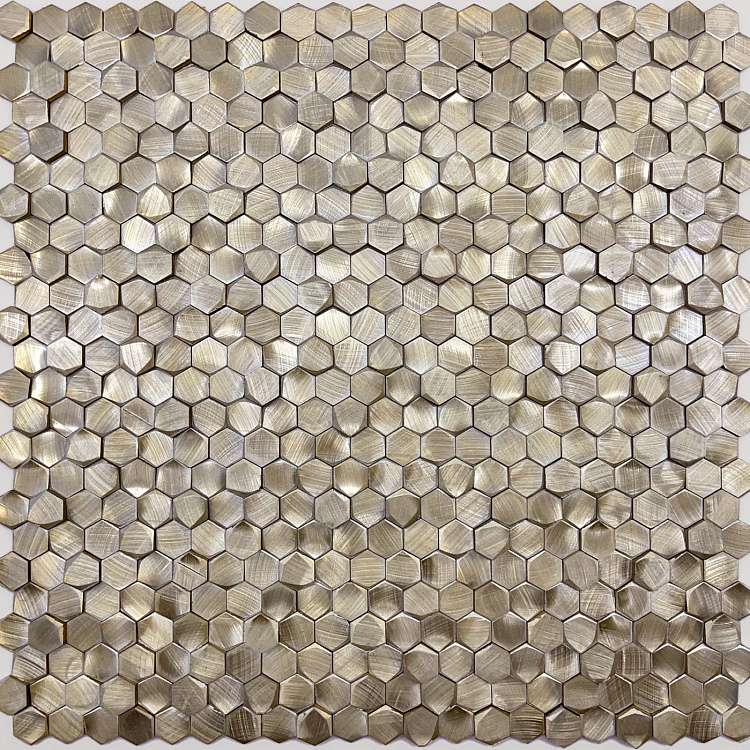 Мозаика Caramelle Mosaic Alchimia Aluminium 3D Hexagon Gold (металл), цвет золотой, поверхность глянцевая матовая 3d (объёмная), шестиугольник, 297x306