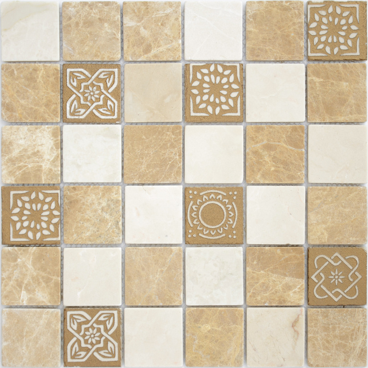 Мозаика Caramelle Mosaic Pietrine Pietra Mix 1 Pol 48x48 7mm, цвет белый коричневый бежевый, поверхность полированная, квадрат, 305x305